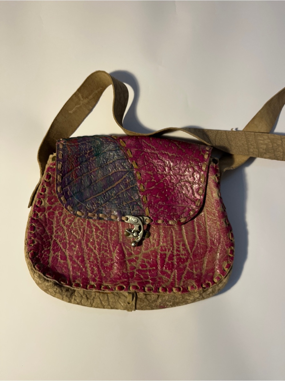Vintage Pink Leather Crossbody with pink/purple Flap, silver closure, artisanal
